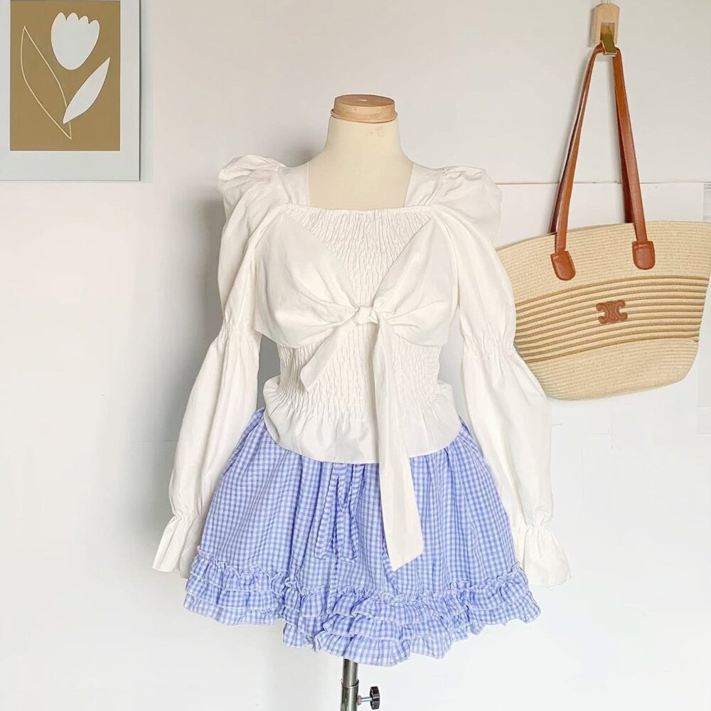 Sweet White Puff Sleeve Blouse Bow Detail